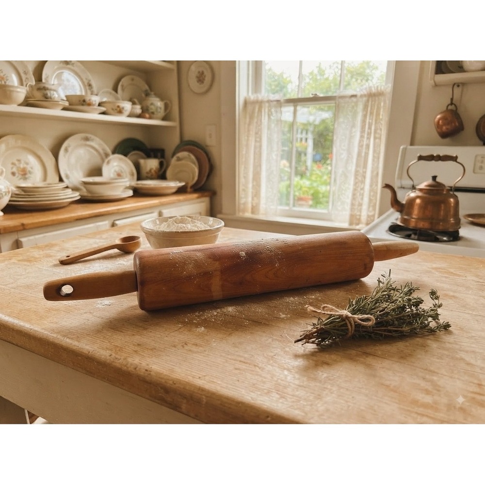 Vintage Wooden Rolling Pin Wood Kitchen Baking Tool Rotating Handles Kitchenware